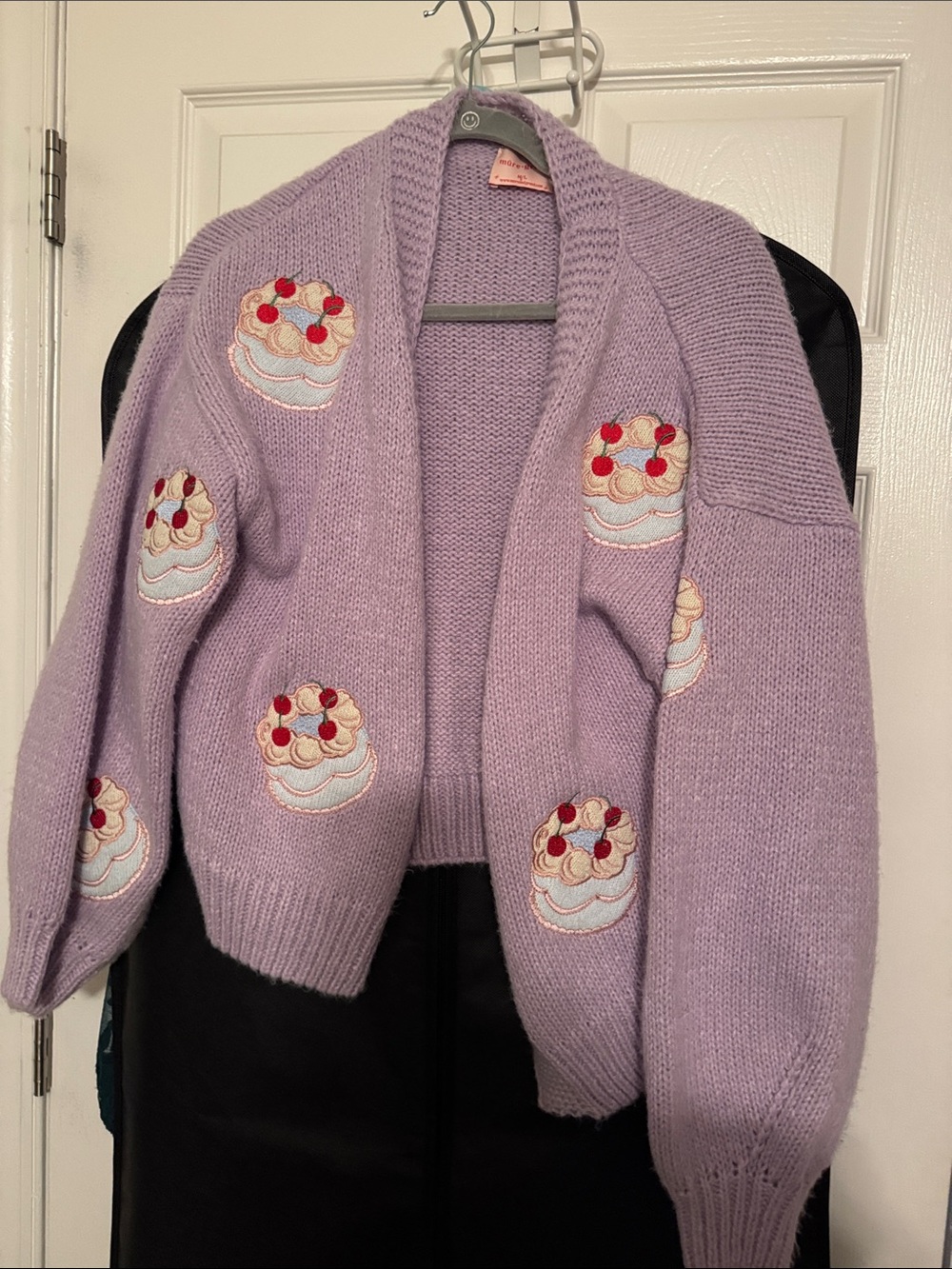 Lilac Embroidered Cake Motif Open Cardigan Sweater